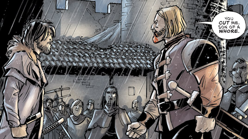A transient man facing off against the brutish Sir Feist.